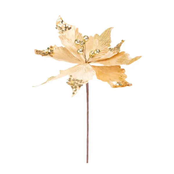 Vianočná dekorácia MagicHome kvet Poinssetia so stonkou dotvorí čarokrásnu atmosféru Vianoc vo vašom domove. Farba je zlatá. Výška je 31 cm.