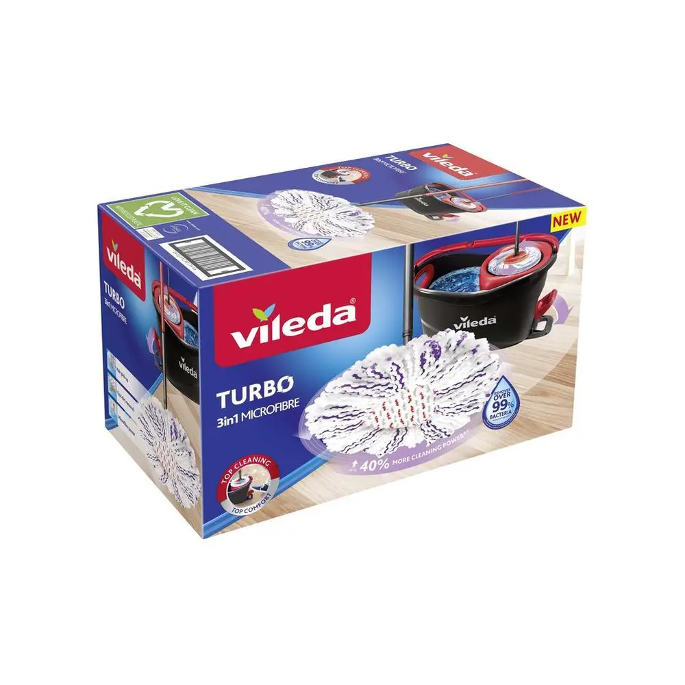 Upratovacia súprava Vileda TURBO 3v1 obsahuje strapcový mop a vedro so šliapacím pedálom. Mop : Strapcový rotačný mop z mikrovlákna rýchlo a efektívne vyčistí vašu podlahu. Jedinečný umývací návlek kombinuje tri druhy strapcov:- biele strapce: 100% Microfibre pre ľahké upratovanie každodennej špiny so skvelou absorpčnou schopnosťou