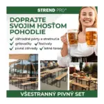 takže je zaistená potrebná stabilita. Výhodou lavíc je možnosť zloženia nôh. Set tak zaberá minimum priestoru a je veľmi jednoducho skladovateľný. Úžitkové časti setu sú vyrobené z dreva a sú pokryté ochrannou prírodnou farbou. Povrch nevyžaduje špeciálne ošetrenia