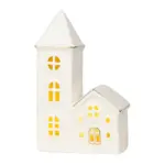 Dekorácia MagicHome, Domček s kostolom, LED, biely, porcelán, 11,2x5,5x17,4 cm