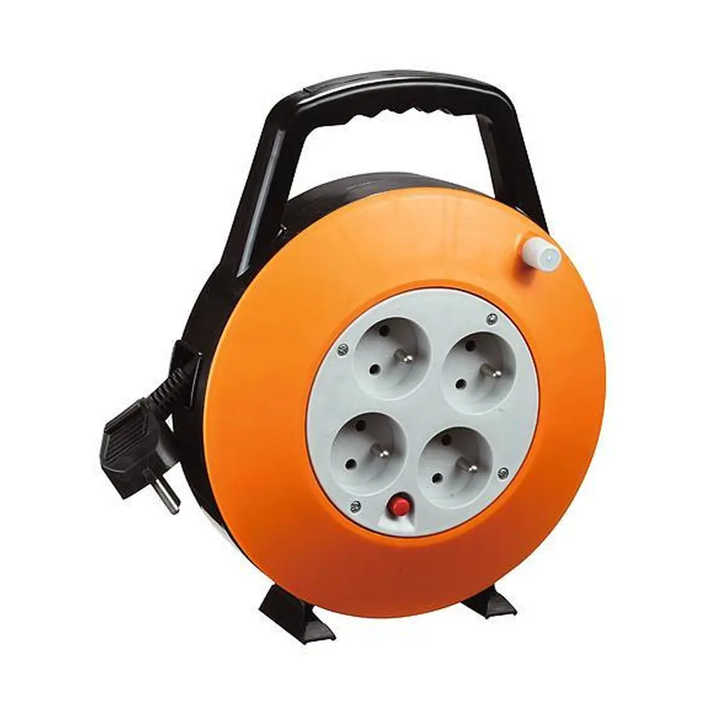 Kvalitný predlžovací kábel Strend Pro CR040 v oranžovom prevedení namotaný na bubne je dlhý 7