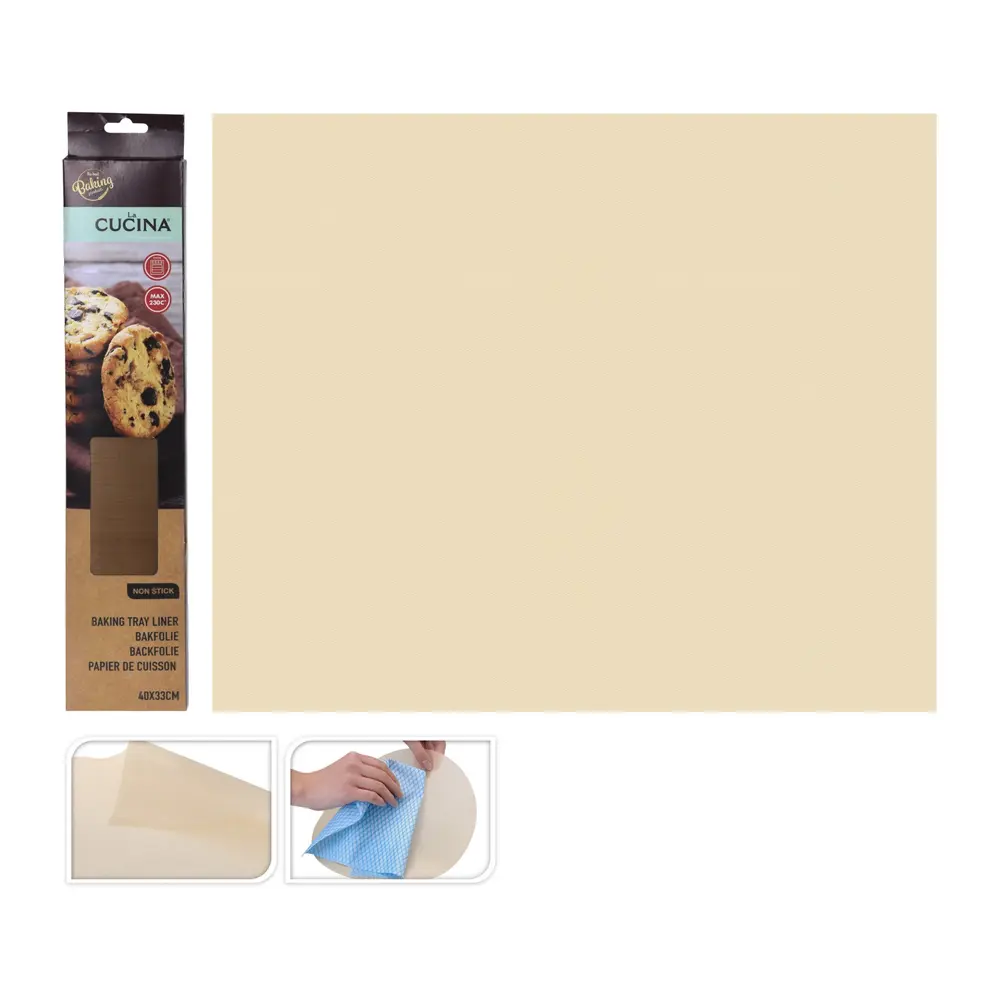 Papier na pečenie z nelepivého materiálu vhodný do teploty  230°C. Papier je možné 50 krát opakovateľne použiť.