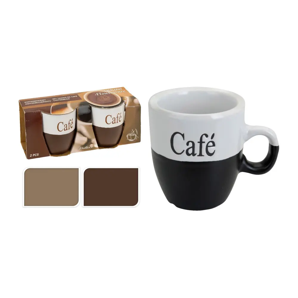 Sada dvoch hrnčekov pre servírovanie kávy. Hrnček je vyrobený z kameniny a polovica hrnčeka je farebne lakovaná. Vo vrchnej časti hrnčeka sa nachádza nápis Café. 