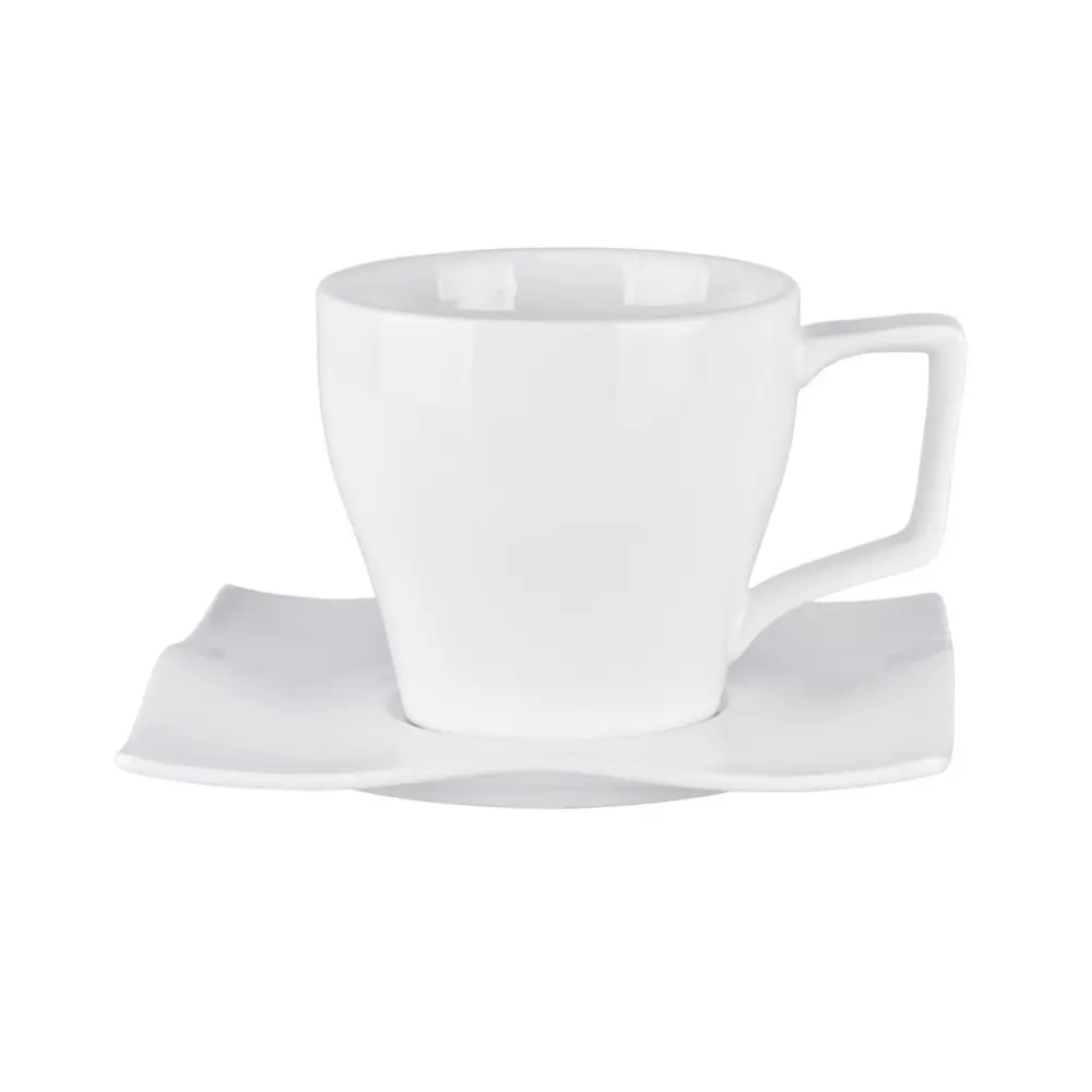 Sada hladkých porcelánových šálok. Šálka aj podšálka sú hladké bez vzoru a potlače.